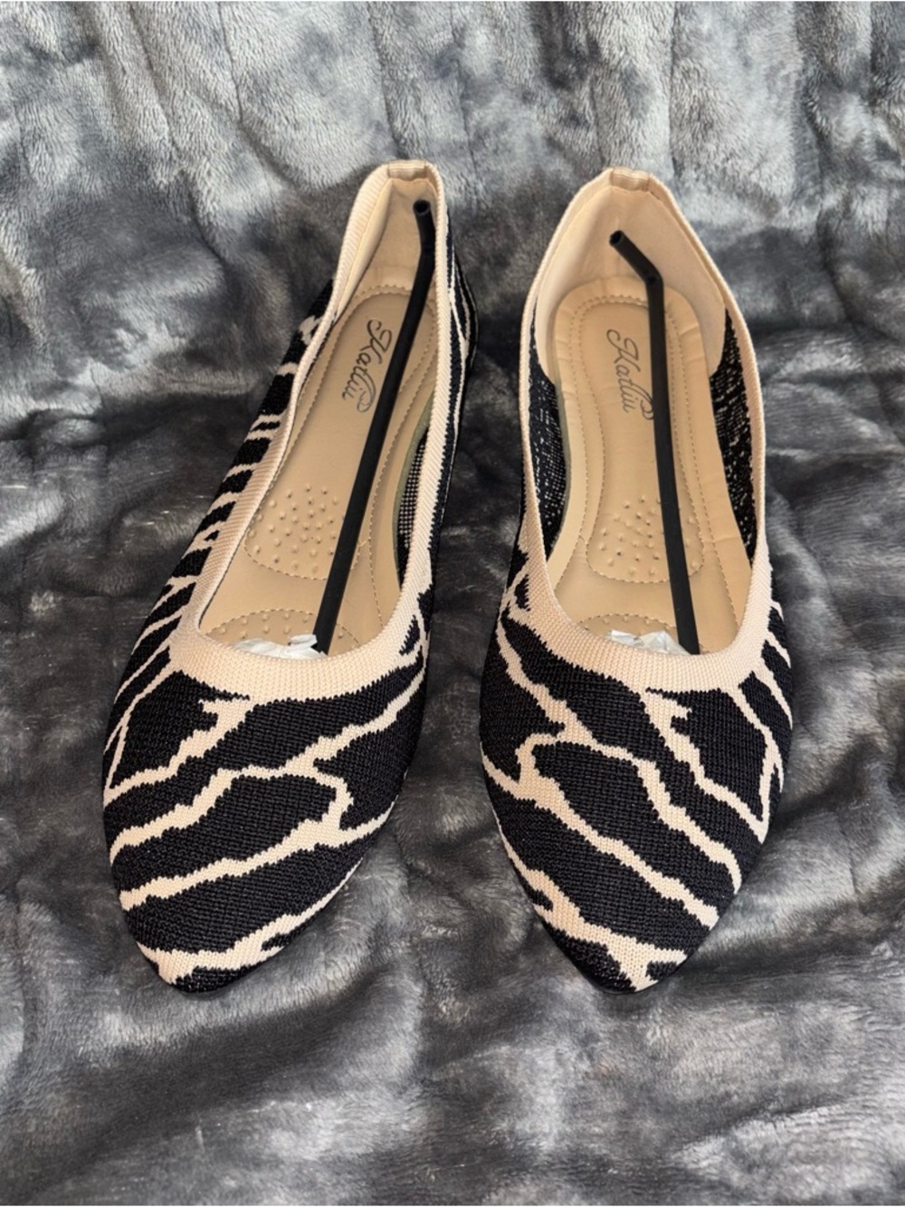 Katliu Black & Cream Zebra Knit Pointed Flats new